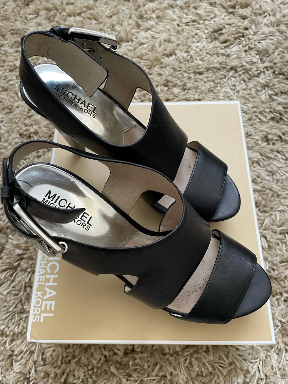 Michael Kors Black Leather Cutout Platform Sandals with Buckle